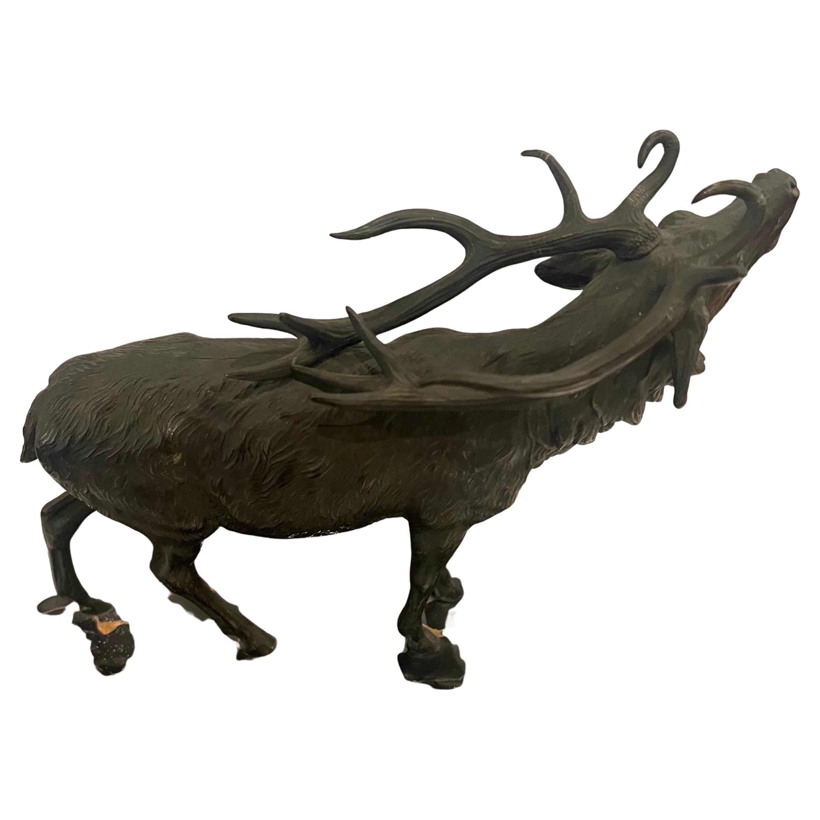 Roaring Deer Sculpture After Josef Franz in Bronze & Marble In Good Condition For Sale In San Diego, CA