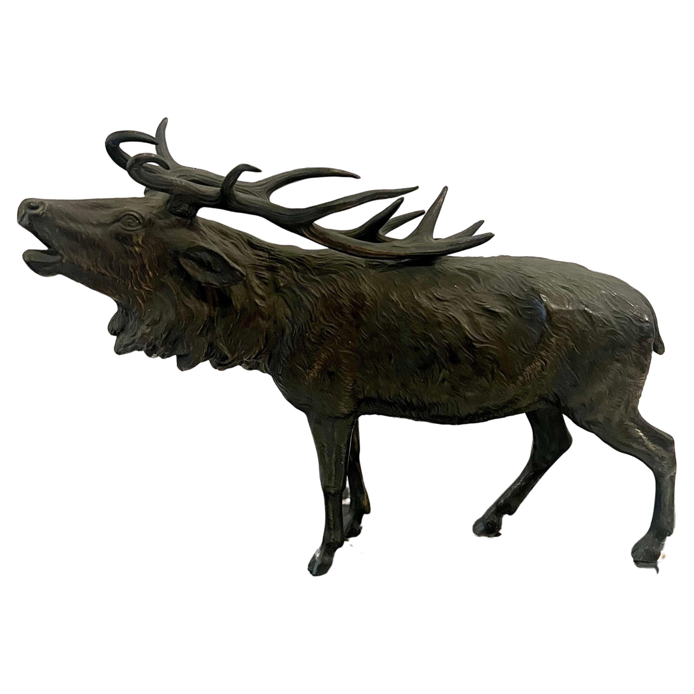 20th Century Roaring Deer Sculpture After Josef Franz in Bronze & Marble For Sale