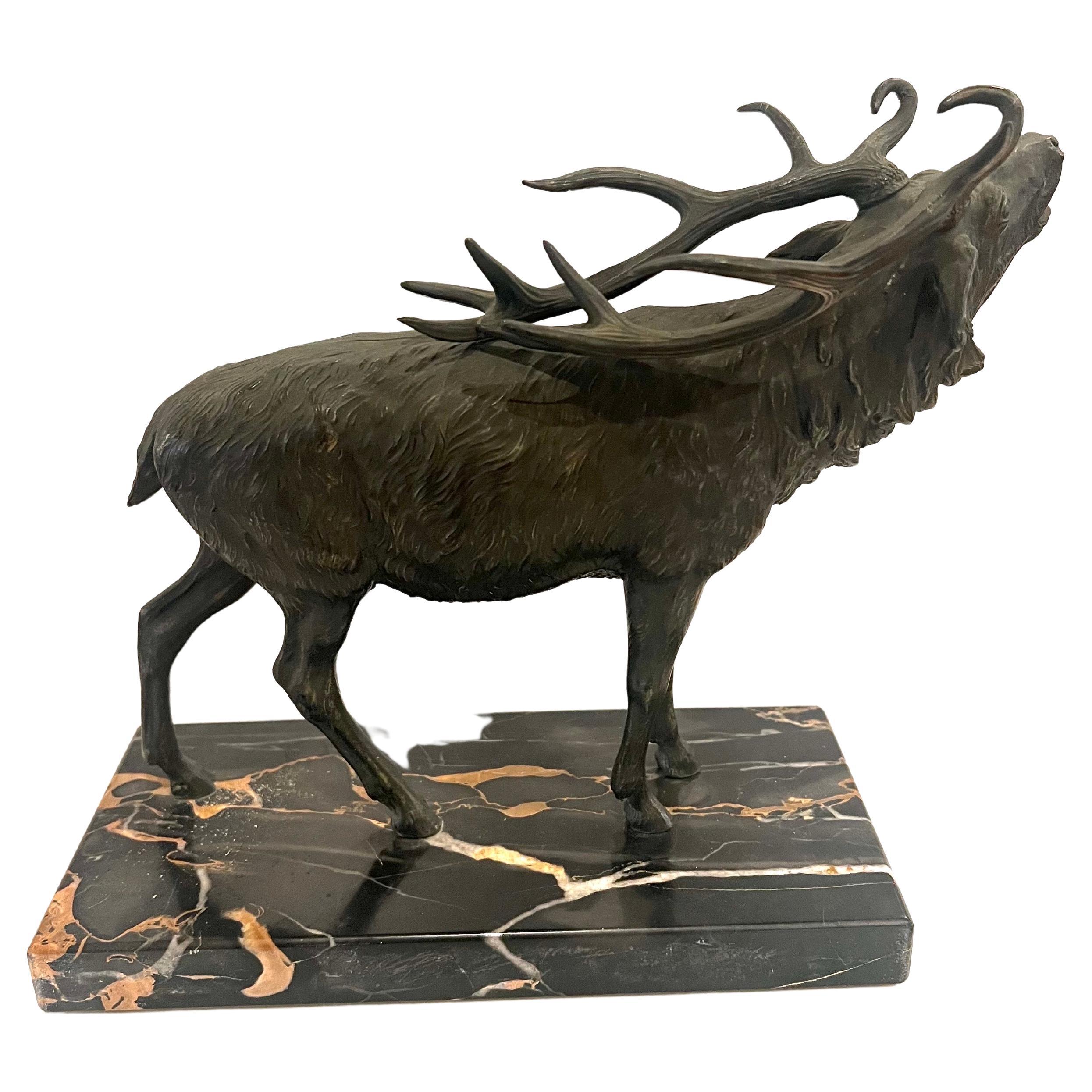 Roaring Deer Sculpture After Josef Franz in Bronze & Marble For Sale