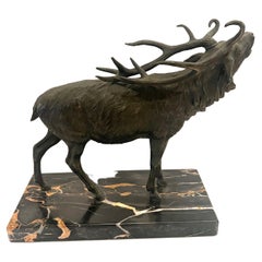 Roaring Deer Sculpture After Josef Franz in Bronze & Marble
