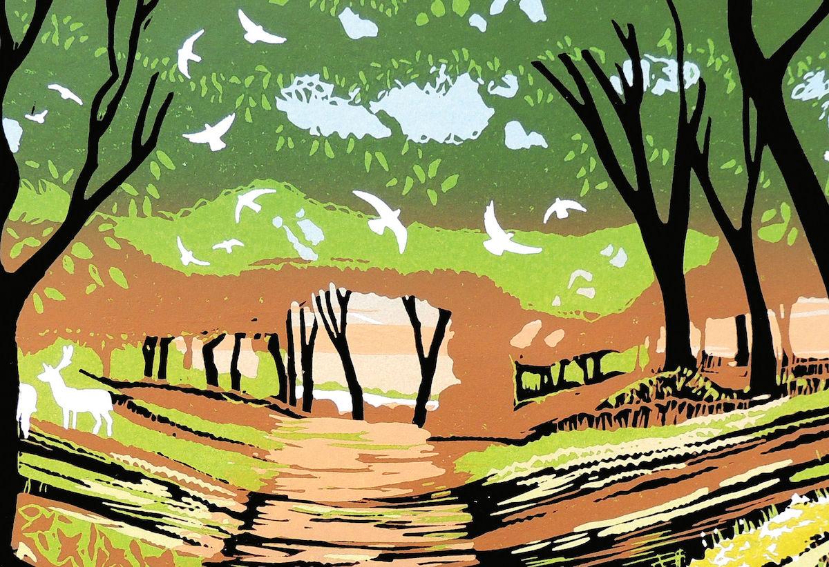 Down the Green Lane, Rob Barnes, Edición limitada, Linograbado sobre papel [2022]. - Landscape Painting Marrón de Rob Barnes 