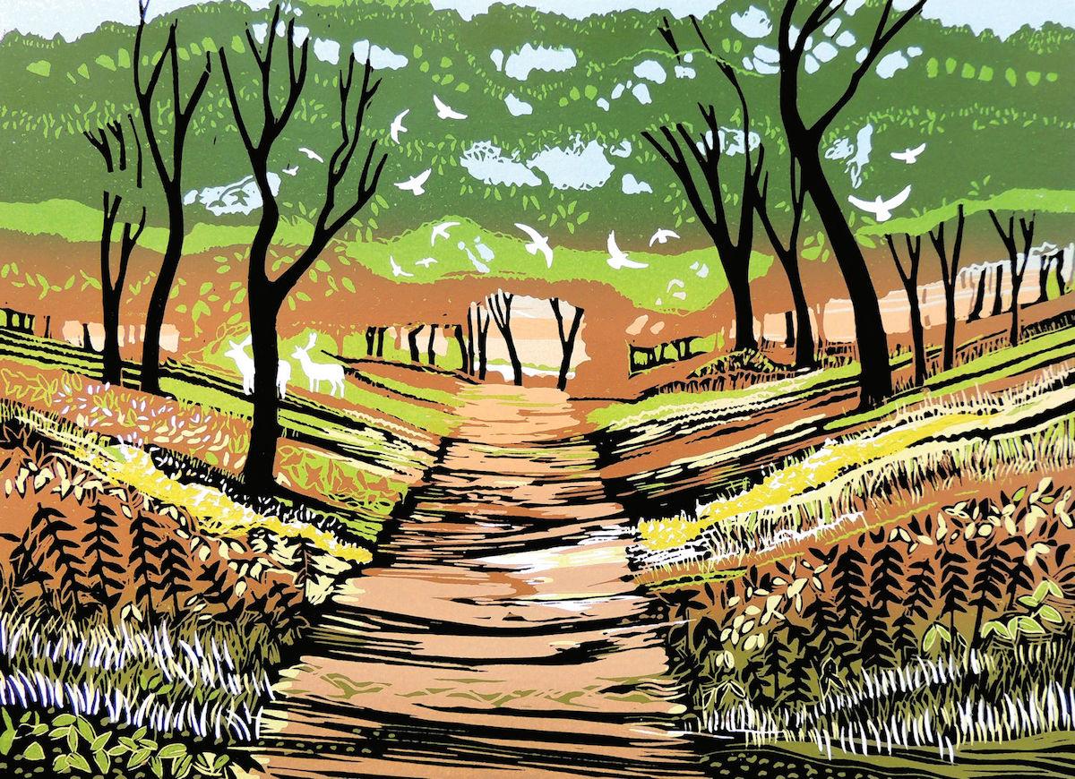 Rob Barnes  Landscape Painting - Down the Green Lane, Rob Barnes, Limited edition print, Linocut on Paper [2022]