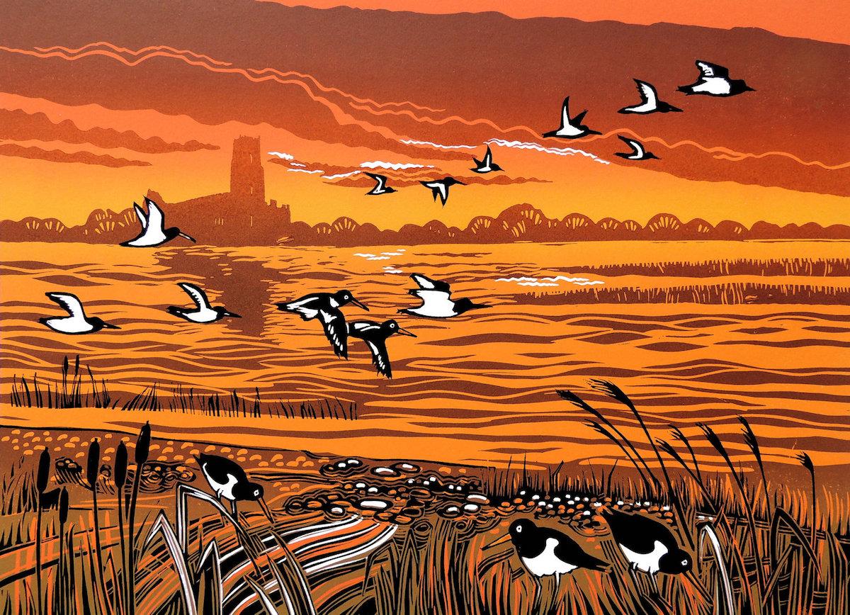 Rob Barnes  Animal Print - Riverside Oystercatchers, Rob Barnes, Limited edition print, Landscape art