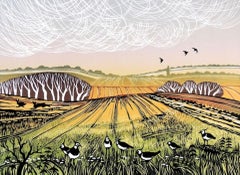 A Fine Day For Lapwings, Rob Barnes, Limited Edition Print, Bird Landscape Art