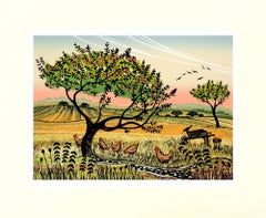 Apfelbäume, Landschaftsdruck, ländliche Hügel, Vögel, Bäume, Druck in limitierter Auflage