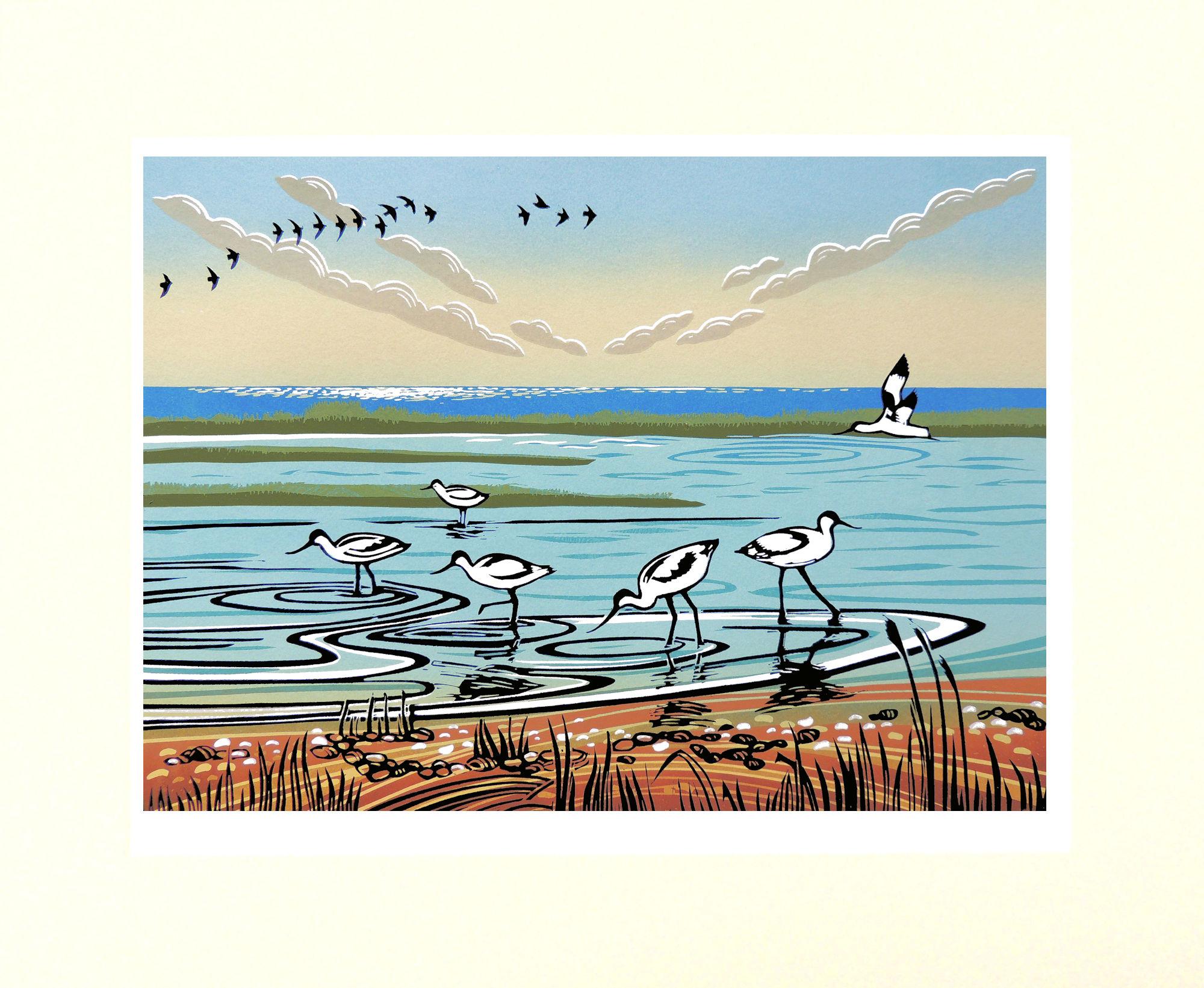 Avocets, Vogelkunst, britische Kunst, Landschaftsdruck, Tierkunstwerke, Küstenkunst (Zeitgenössisch), Print, von Rob Barnes