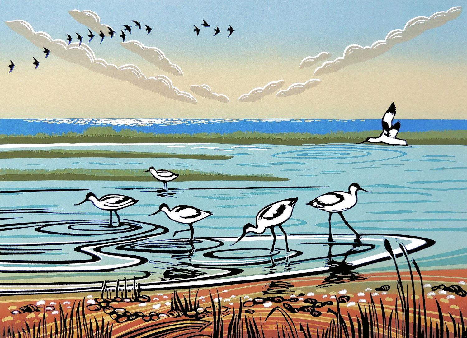 Rob Barnes Animal Print – Avocets, Vogelkunst, britische Kunst, Landschaftsdruck, Tierkunstwerke, Küstenkunst