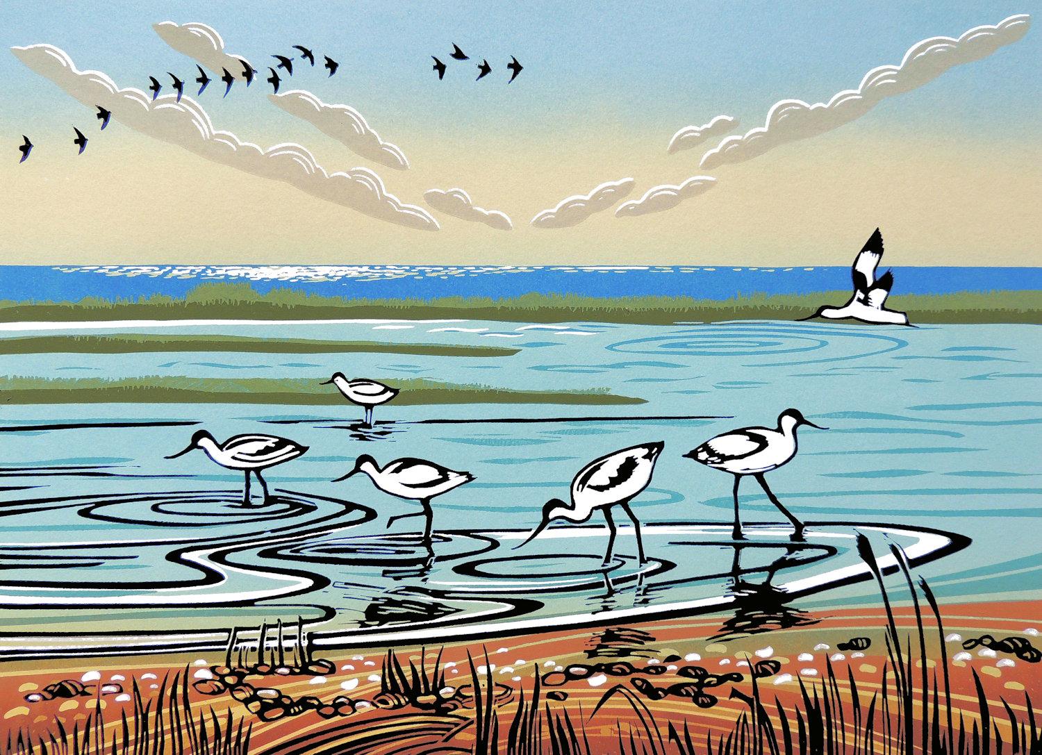 Animal Print de Rob Barnes - Avoceta, Arte Pájaro, Arte Reino Unido, Impresión Paisaje, Arte Animal, Arte Costero