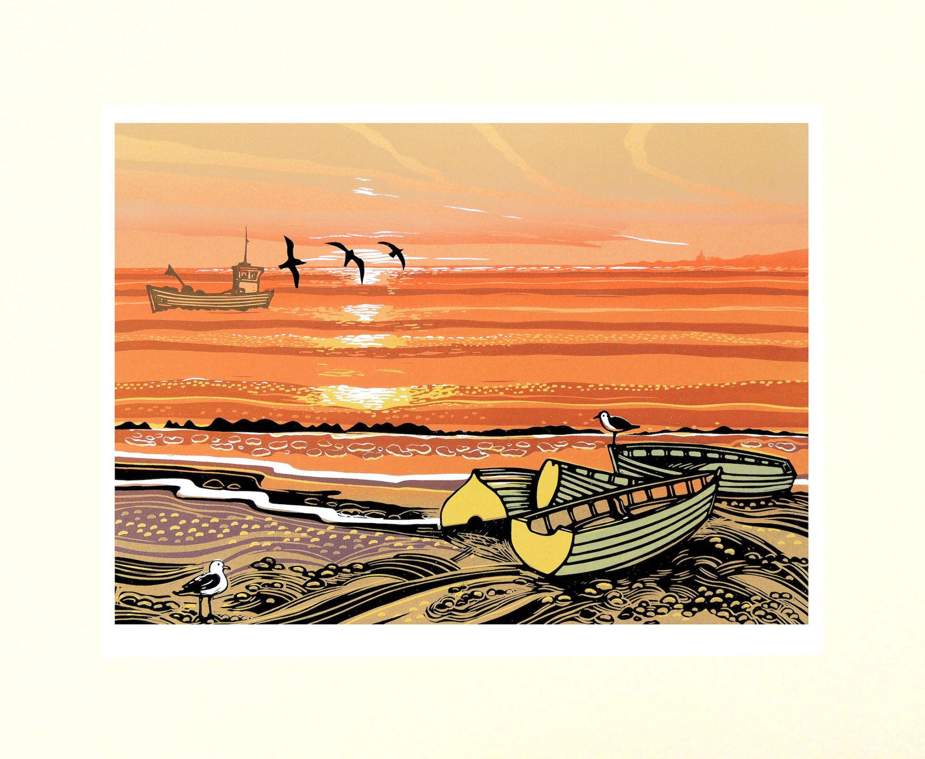 Strandboote aus Norfolk, Meereslandschaftskunst, Linolschnittdrucke aus England, Meereskunst (Moderne), Print, von Rob Barnes