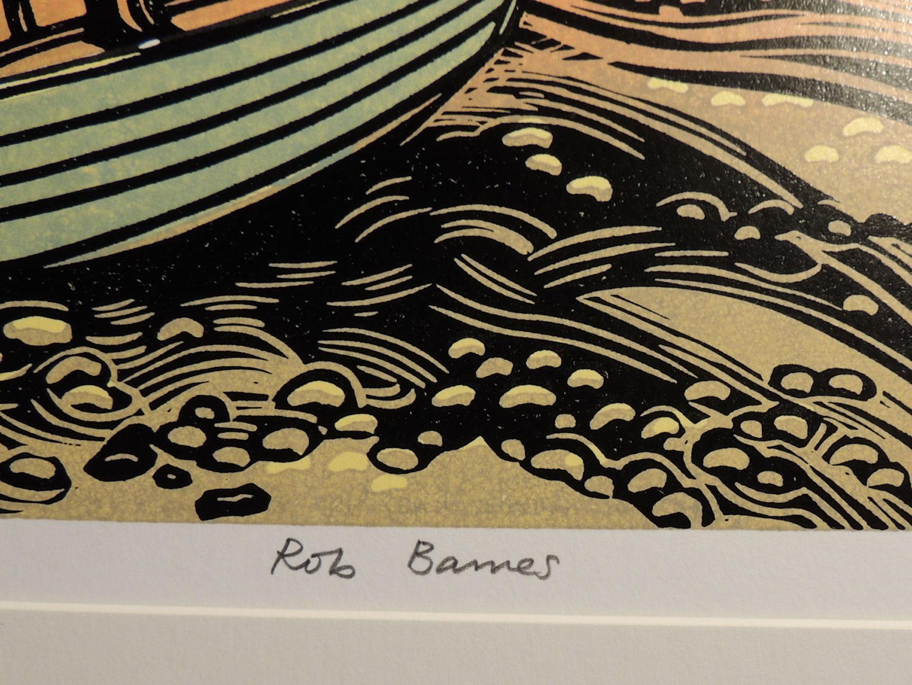 Beach Boats, Norfolk Seascape Art, Linocut Prints of England, Seaside Art - Orange Still-Life Print by Rob Barnes
