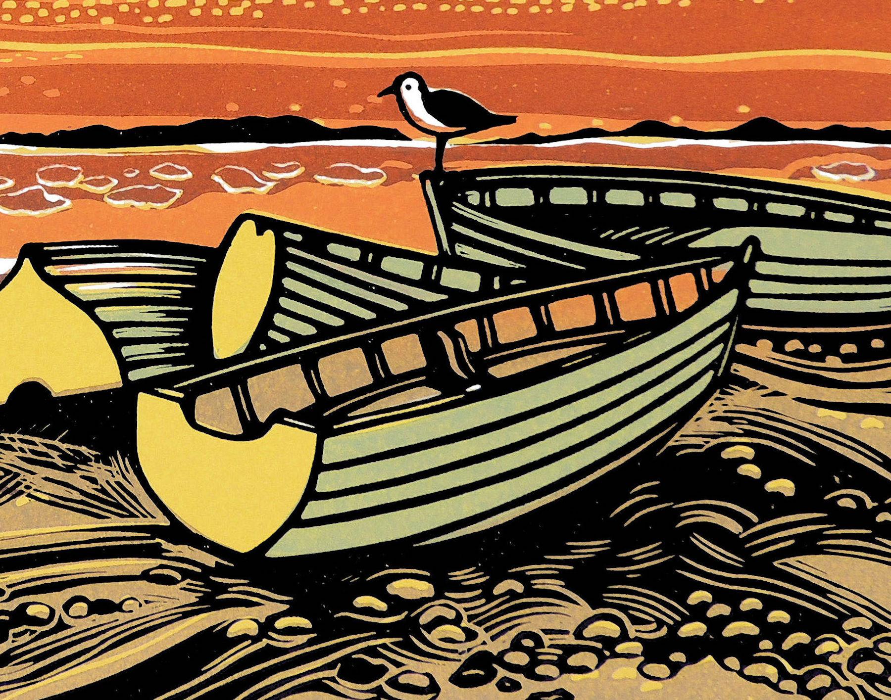 Beach Boats, Norfolk Seascape Art, Linocut Prints of England, Seaside Art For Sale 1