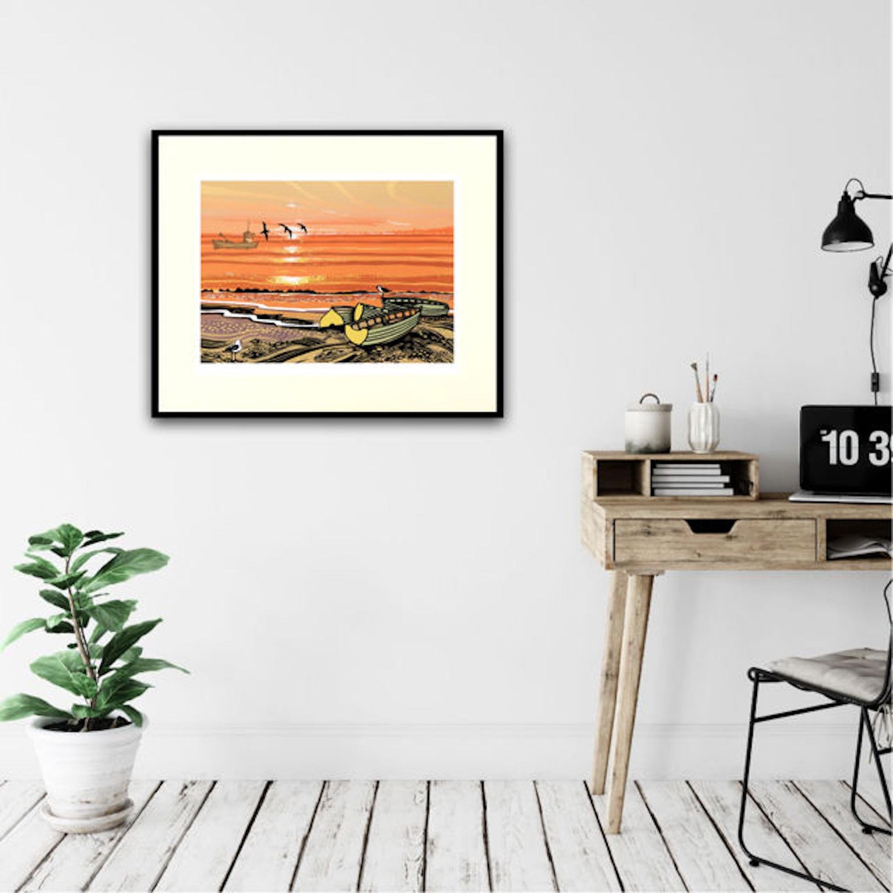 Boîtes de plage, paysage marin du Norfolk, gravures de Linocut d'Angleterre, art des bords de mer en vente 3