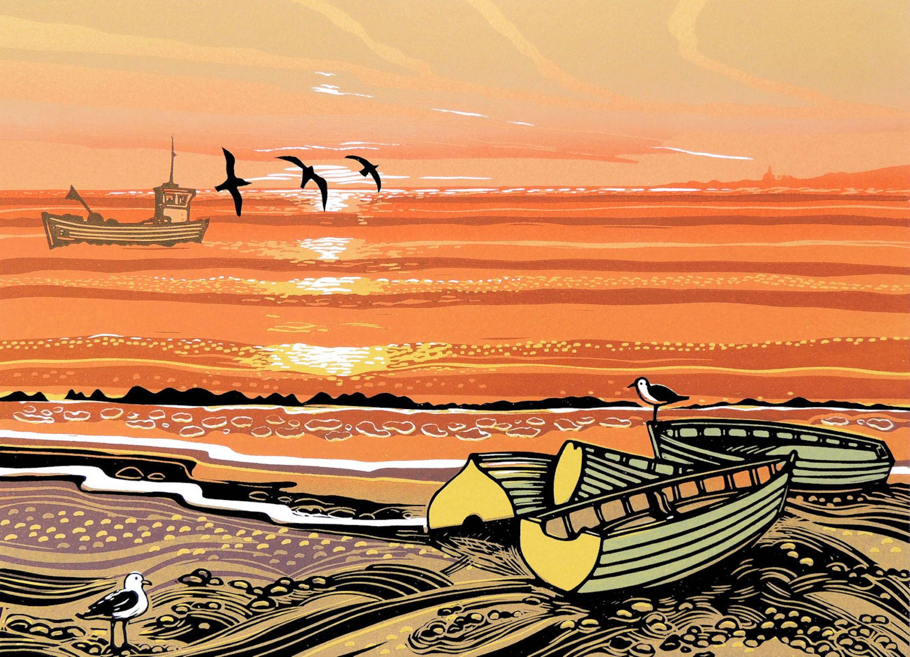 Still-Life Print di Rob Barnes - Barche da spiaggia, Norfolk Seascape Art, Stampe Linocut dell'Inghilterra, Arte del mare