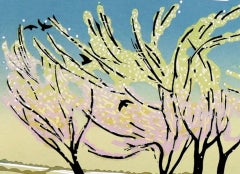 Blossom in the Wind, Landschaftsdruck in limitierter Auflage, Landschaftsdruck im Landhausstil, Linolschnitt