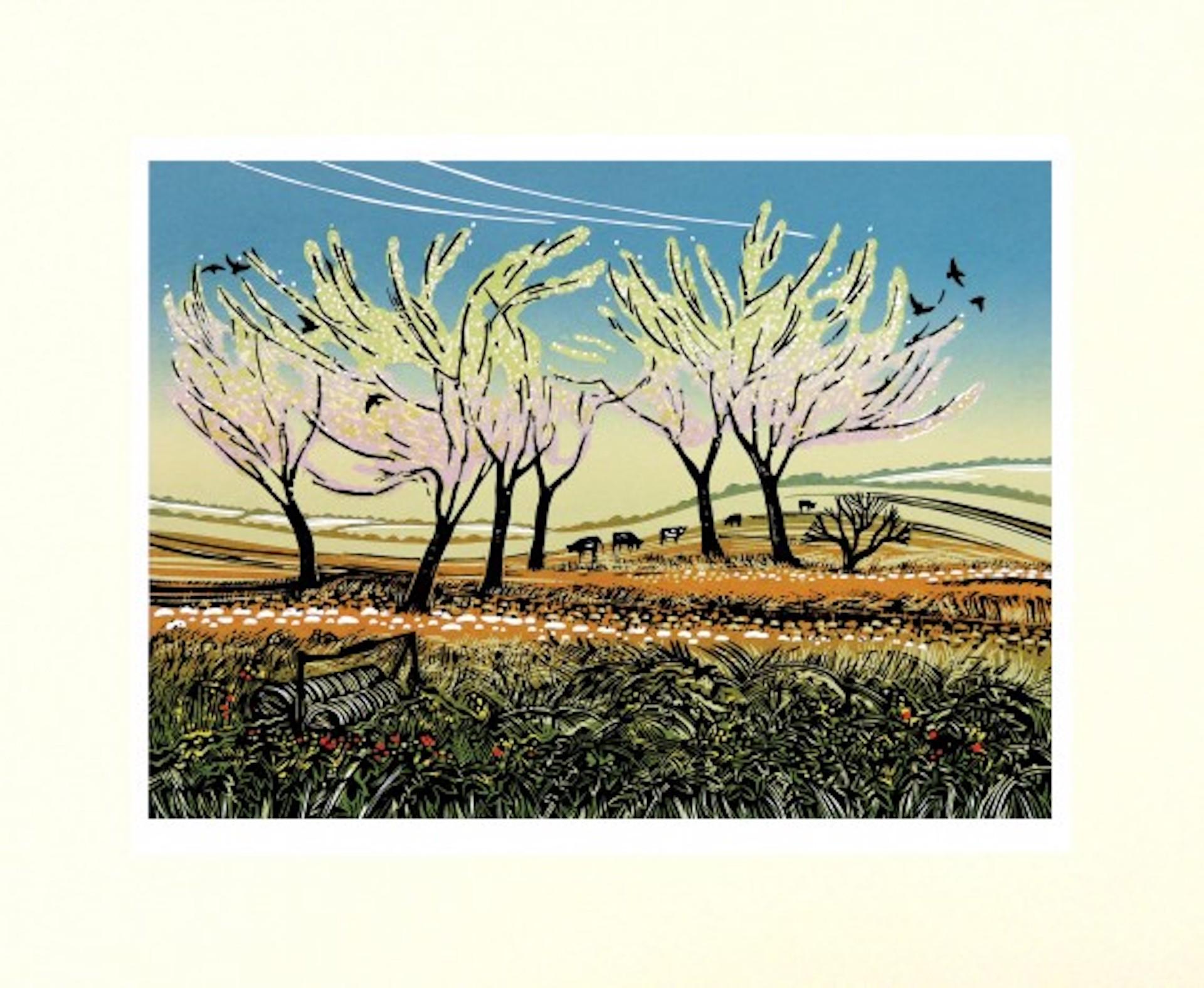 Blossom in the Wind, Landschaftsdruck in limitierter Auflage, Landschaftsdruck im Landhausstil, Linolschnitt  (Grau), Animal Print, von Rob Barnes