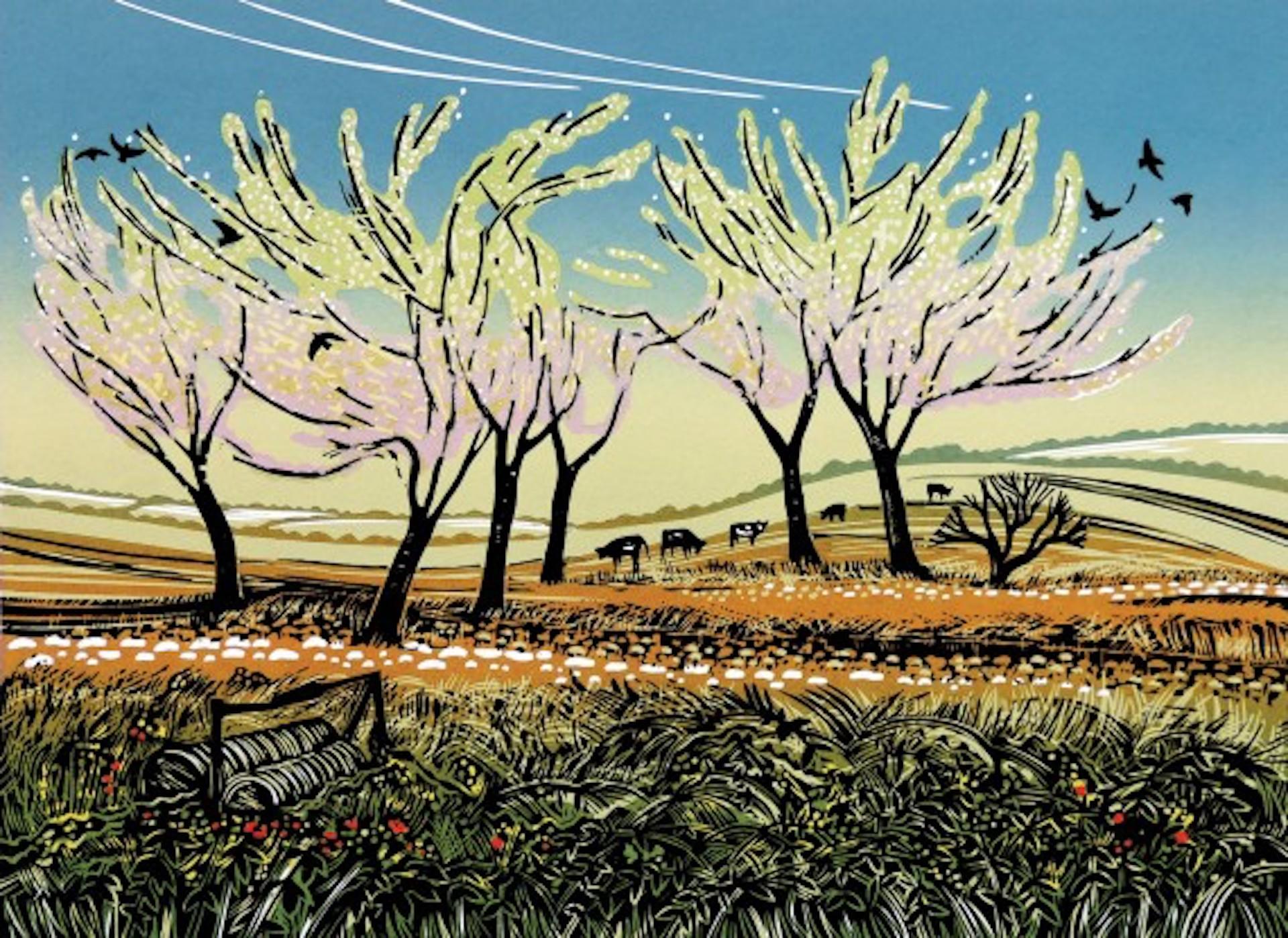 Blossom in the Wind, Landschaftsdruck in limitierter Auflage, Landschaftsdruck im Landhausstil, Linolschnitt 