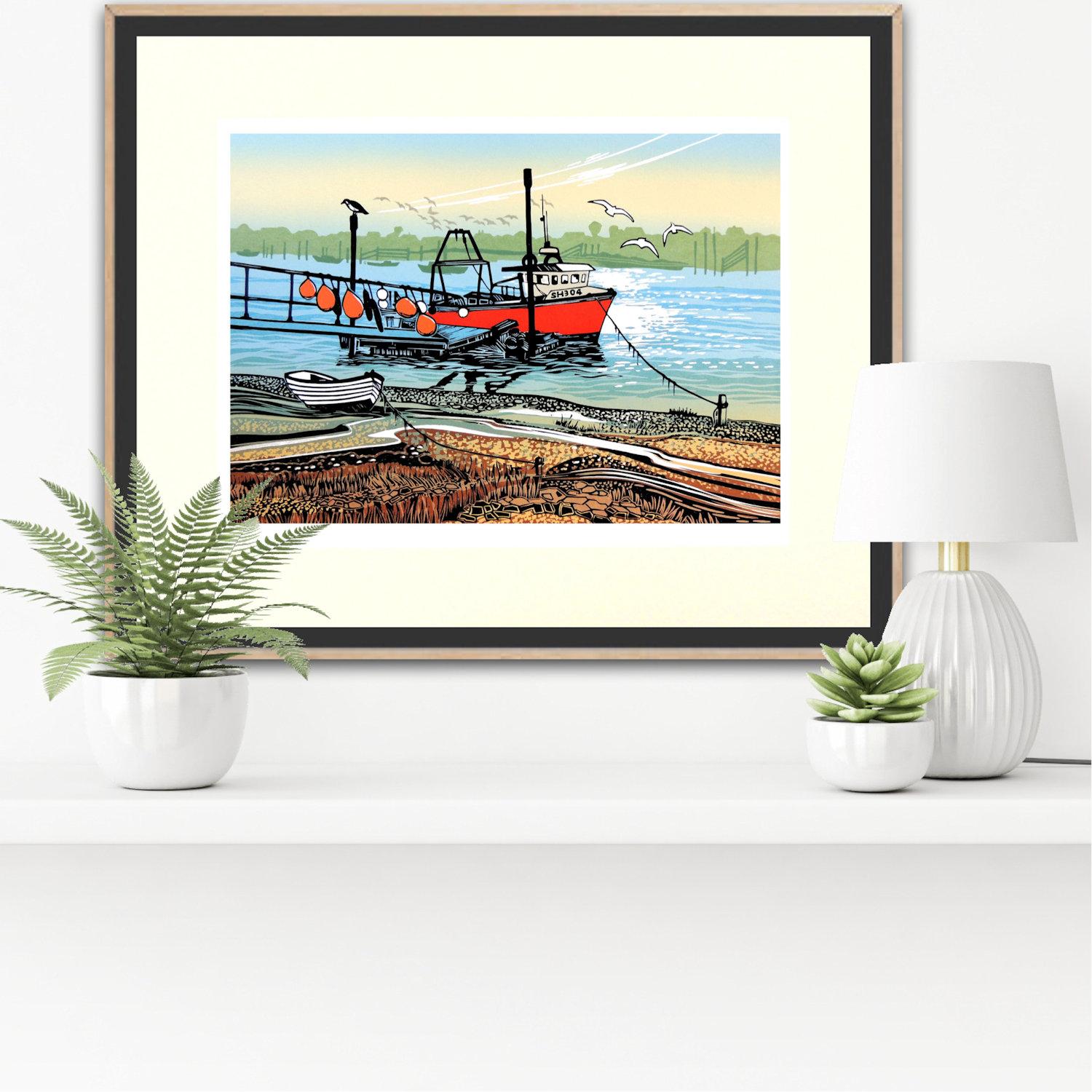 This coastal linocut was inspired by light on water and the tumble of floats on the ramp. The source was the East Anglian harbour at Southwold. I also wanted to use bright red and orange to contrast with the colour of the water.

ADDITIONAL