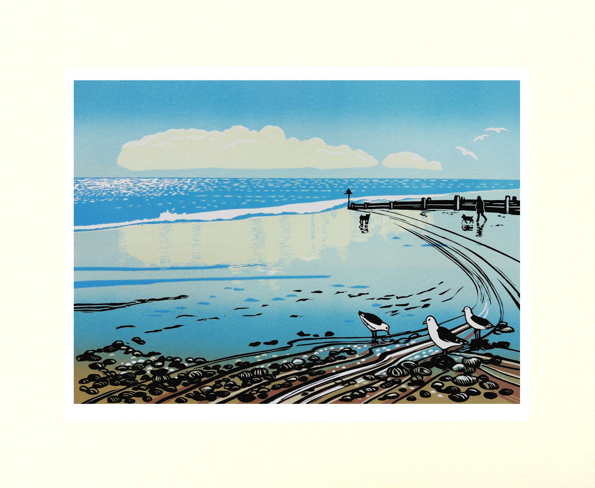 On a bright sunlit day at the coast, I was inspired by a cloud reflection on the wet sand. It was dramatic and completed by seeing a dog walker in the distance. The linocut is all about light, reflections and atmosphere.

Additional