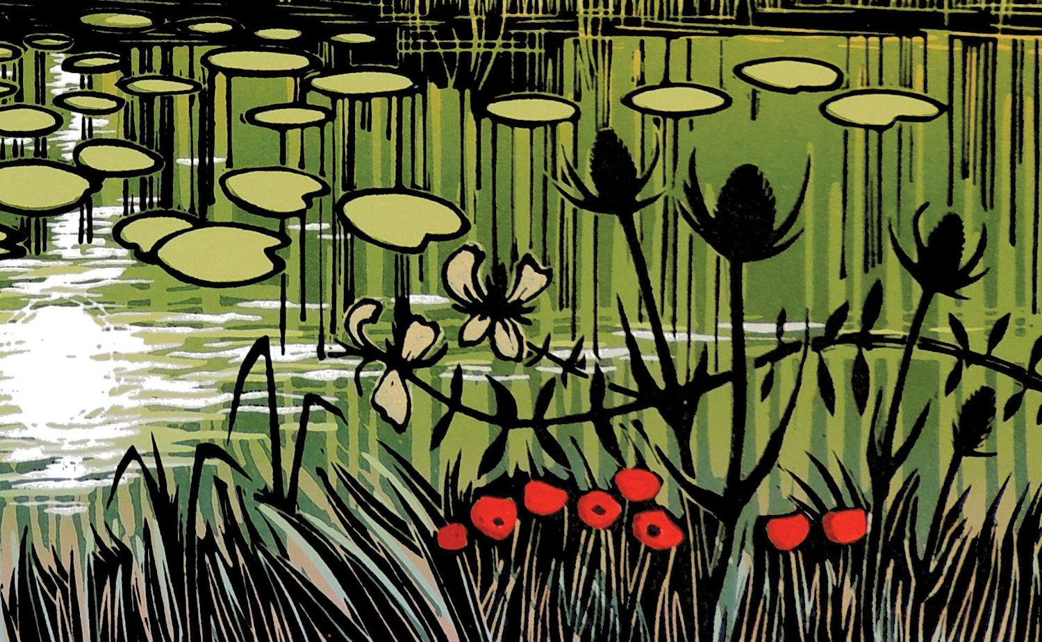 Cette linogravure reprend la tradition de l'étang de ferme, souvent utilisé par le bétail, mais dans ce cas, il est rempli de nénuphars au bord d'un champ. Le soleil scintillait sur l'eau et je voulais créer une atmosphère de calme par une belle