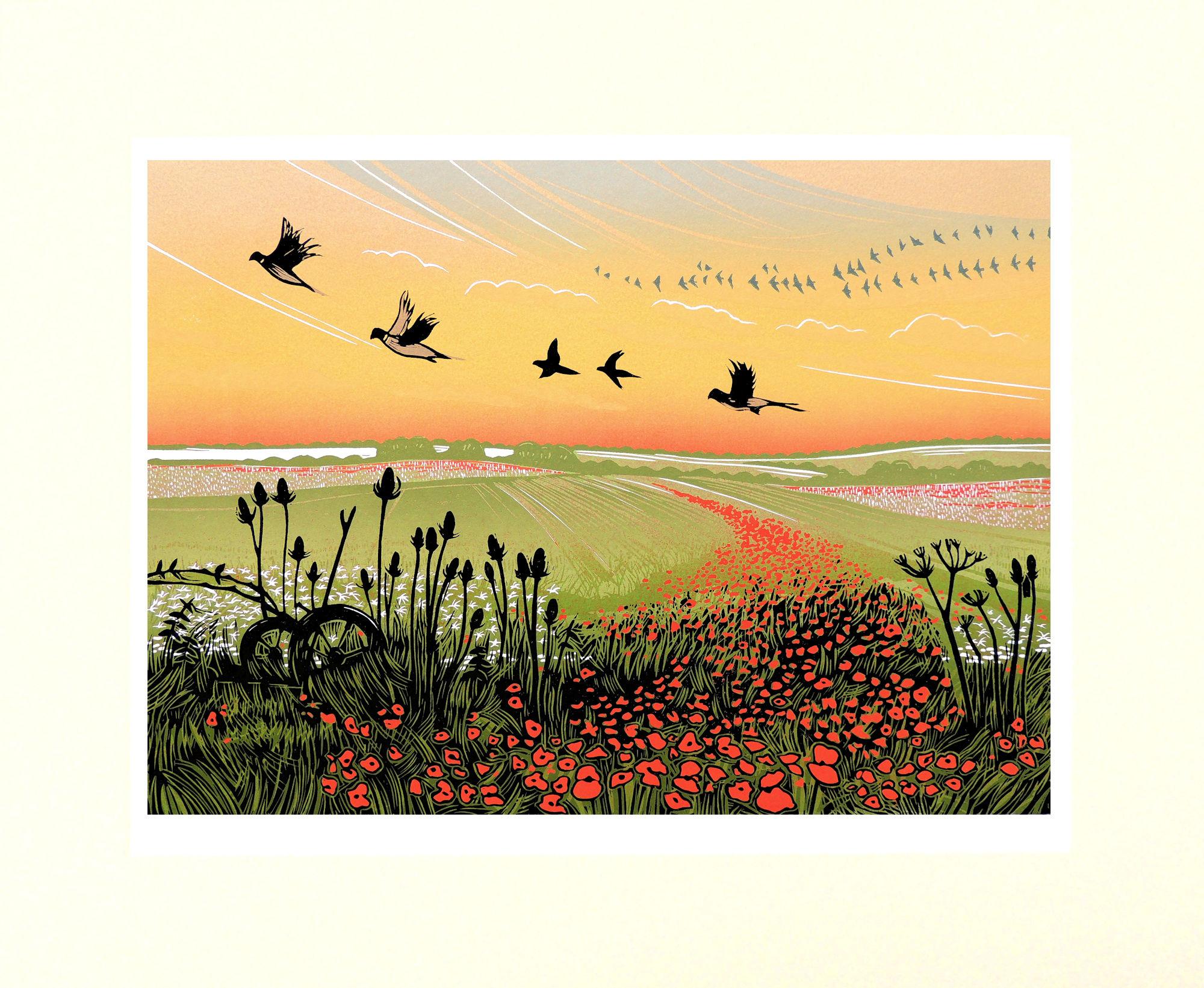 Flight Path, Linocut Print, Poppy Field, Remembrance, Pheasants, Rural art For Sale 1