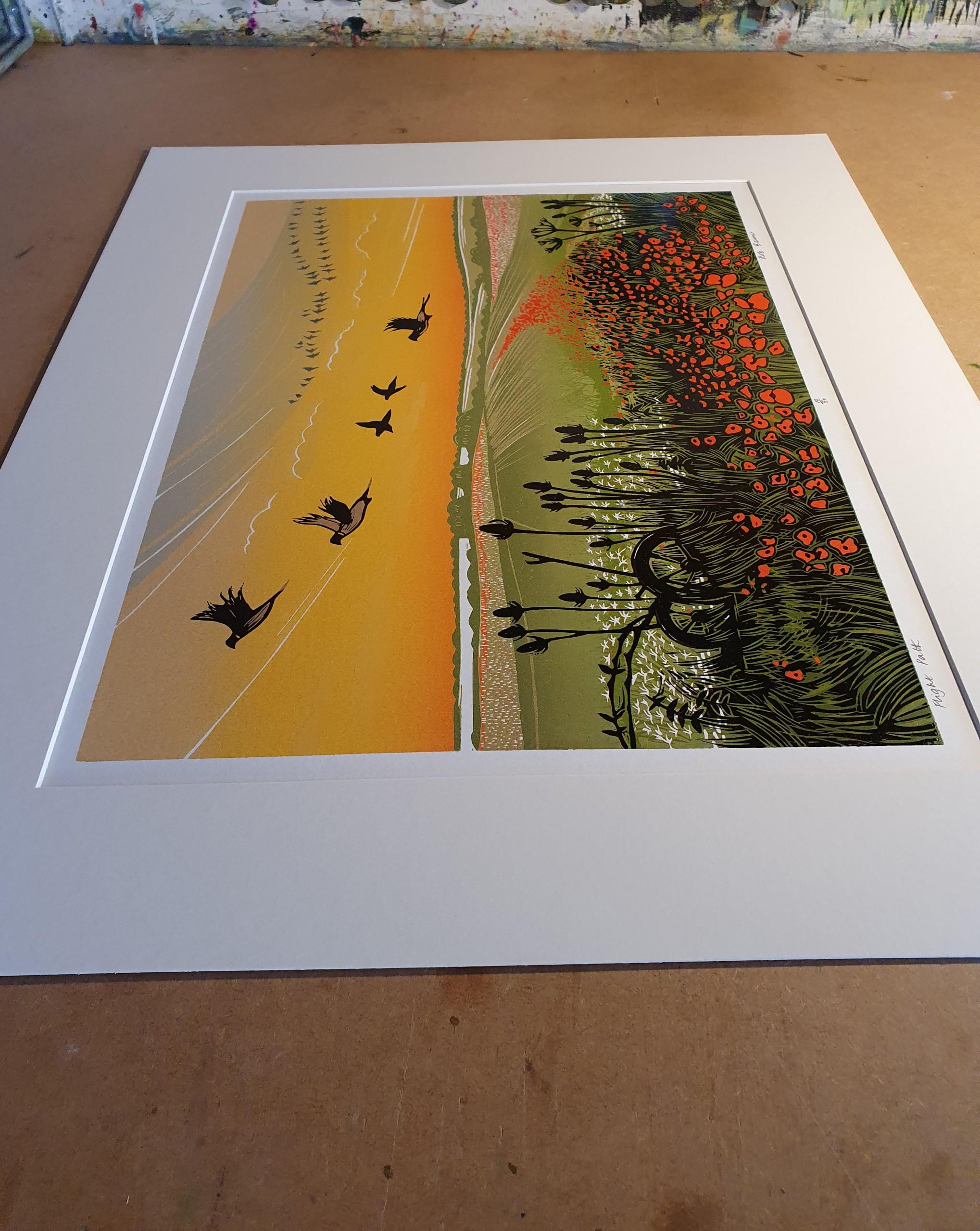 Path de vol, gravure de Linocut, terrain de pêche, mémorial, faisans, art rural - Beige Landscape Print par Rob Barnes