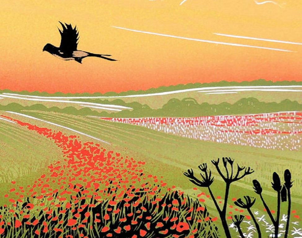 Flight Path, Linocut Print, Poppy Field, Remembrance, Pheasants, Rural art For Sale 6