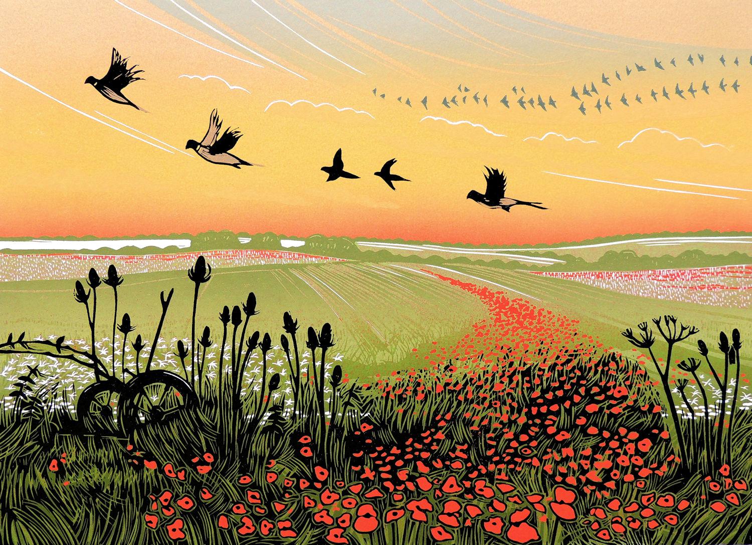Rob Barnes Landscape Print - Flight Path, Linocut Print, Poppy Field, Remembrance, Pheasants, Rural art