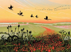 Flight Path, Linocut Print, Poppy Field, Remembrance, Pheasants, Rural art