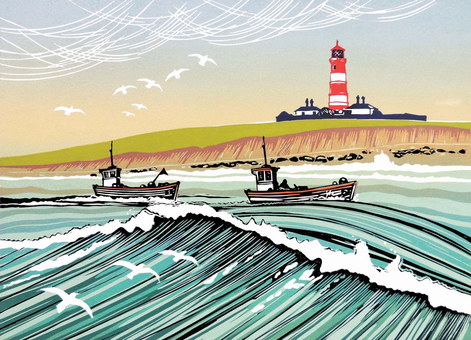 Pareja de gaviotas desembarcando y a lo largo de la costa, Linograbado, Paisaje marino, Edición limitada - Print de Rob Barnes