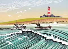 Pareja de gaviotas desembarcando y a lo largo de la costa, Linograbado, Paisaje marino, Edición limitada
