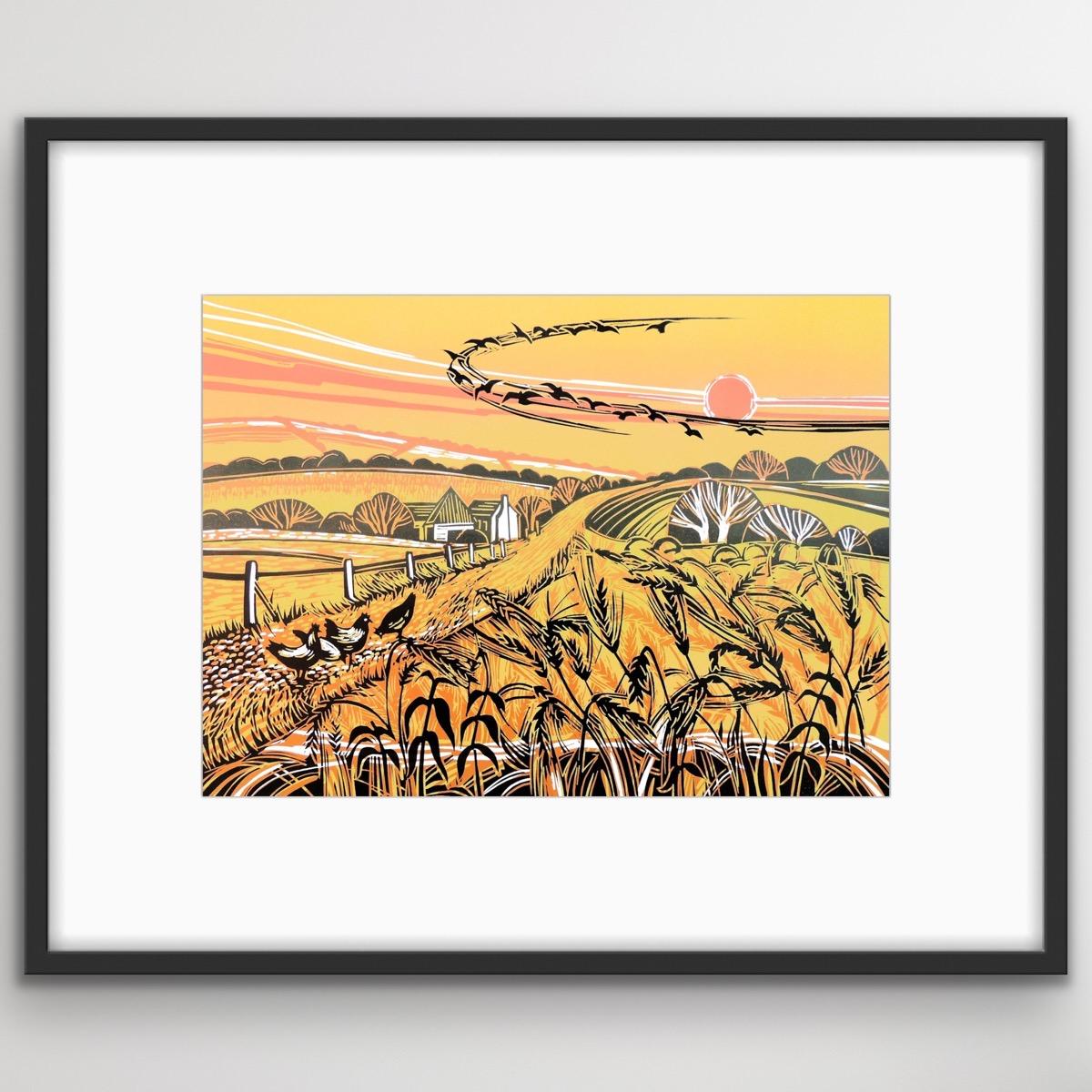 Harvest Field, Norfolk Landscape Art, Handmade Linocut Print, Modern Style Art For Sale 7