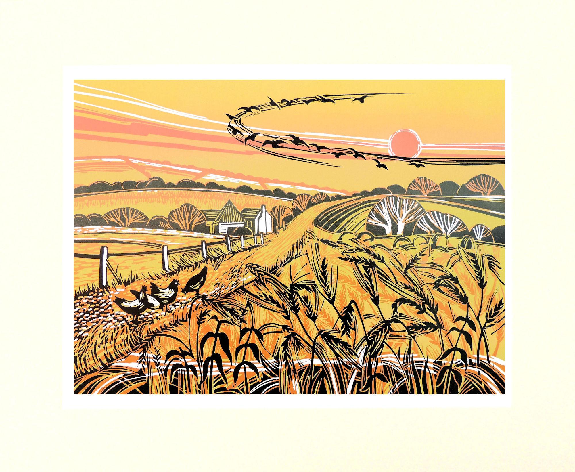 Harvest Field, Norfolk Landscape Art, Handmade Linocut Print, Modern Style Art - Orange Abstract Print by Rob Barnes