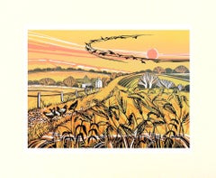 Harvest Field, Norfolk Landscape Art, Handmade Linocut Print, Modern Style Art