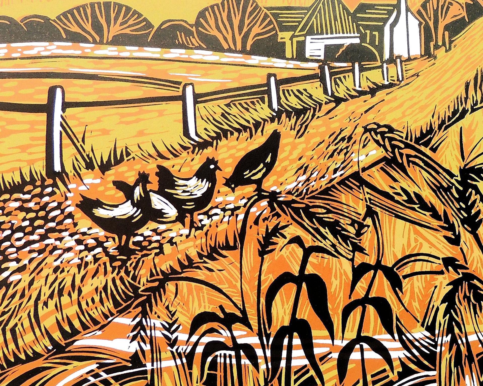 In this linocut I was trying to create movement and a warm range iof colours. The cutting is intended to be vigorous with ears of wheat in the foreground against a setting sun.

Rob Barnes, artist, is available for sale online and in our art gallery