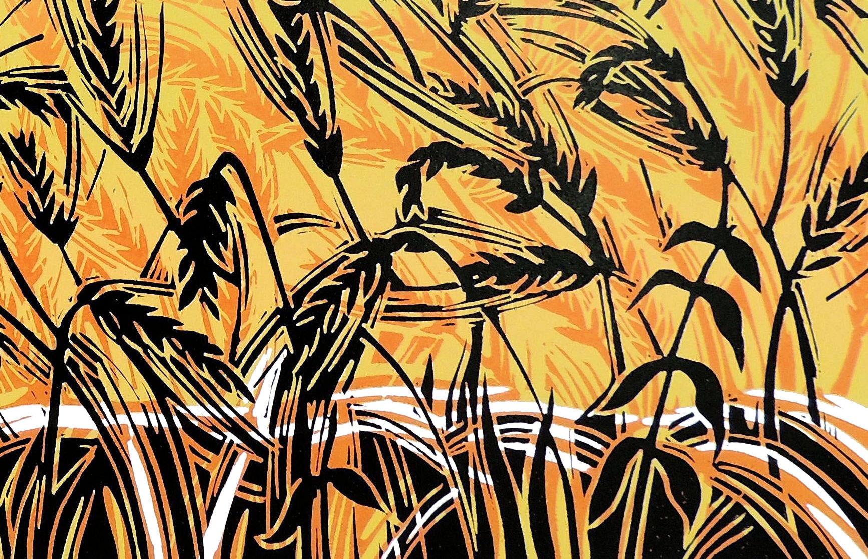 Harvest Field, Norfolk Landscape Art, Handmade Linocut Print, Modern Style Art For Sale 1