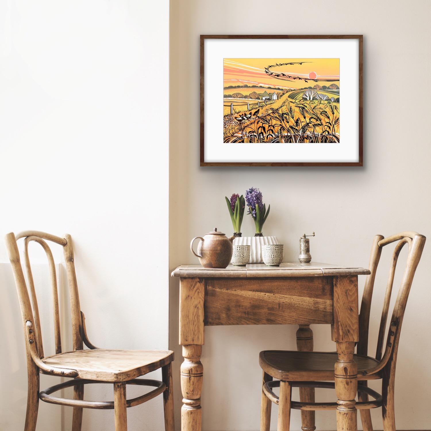 Harvest Field, Norfolk Landscape Art, Handmade Linocut Print, Modern Style Art For Sale 4