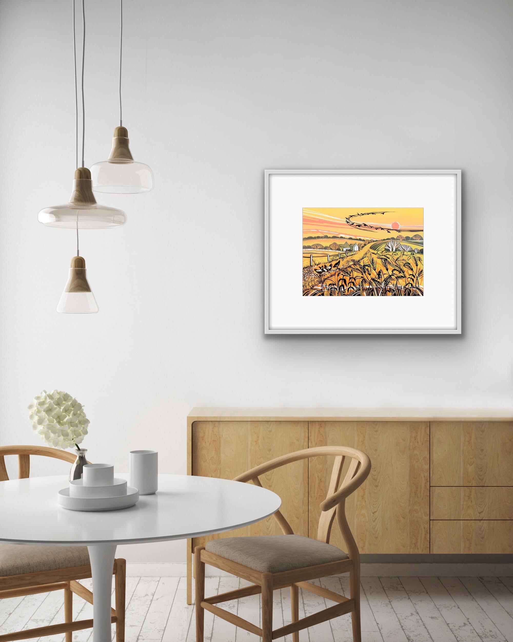 Harvest Field, Norfolk Landscape Art, Handmade Linocut Print, Modern Style Art For Sale 5