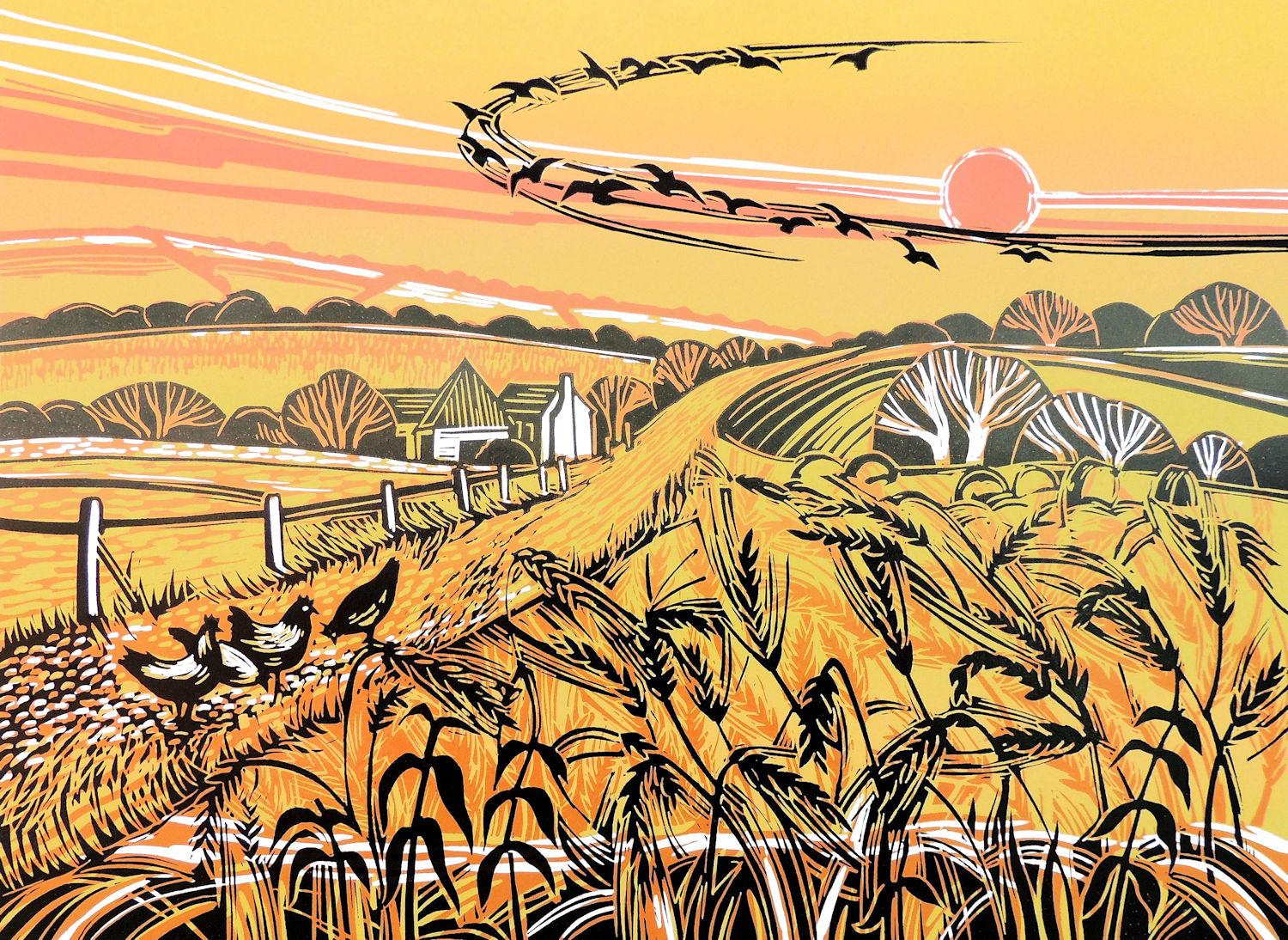 Harvest Field, Norfolk Landschaftskunst, handgefertigter Linolschnitt-Druck, moderne Kunst