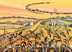 Paysage de moisson, Paysage du Norfolk, Impression à la main de Linocut, Art moderne