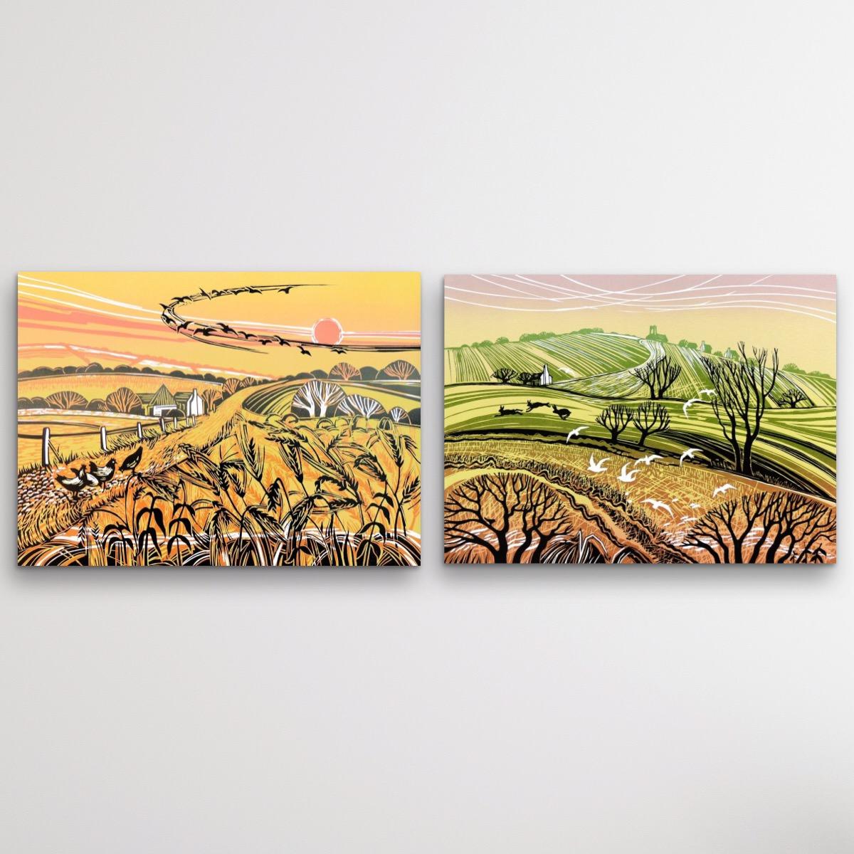 Rob Barnes Landscape Print – Harvest Fields and Hill Flight, Diptychon, 2 Landschaftsdrucke, limitierte Auflage