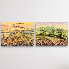 Harvest Fields and Hill Flight, landscape print, limited edition print, animal