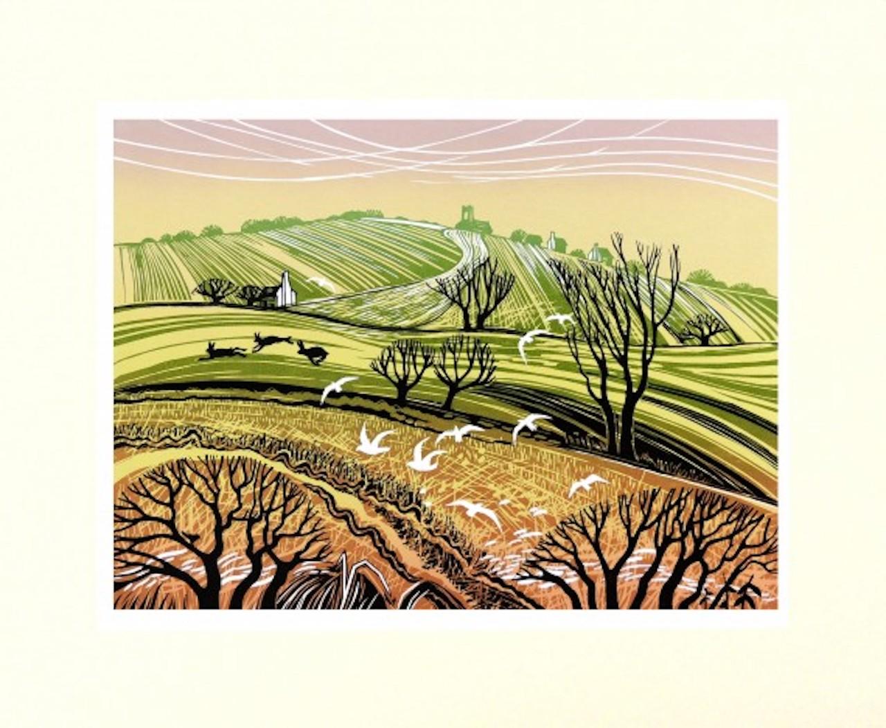 Hill Flight, Limited Edition Linocut, Landscape Print, Rural hills, Birds, Warm 1