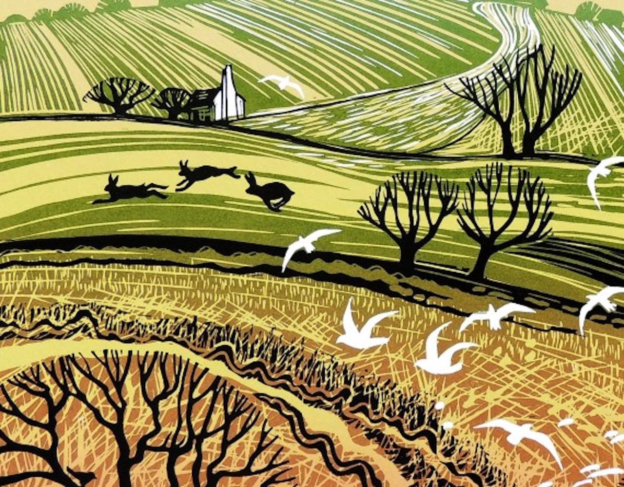 Hill Flight, Limited Edition Linocut, Landscape Print, Rural hills, Birds, Warm 4