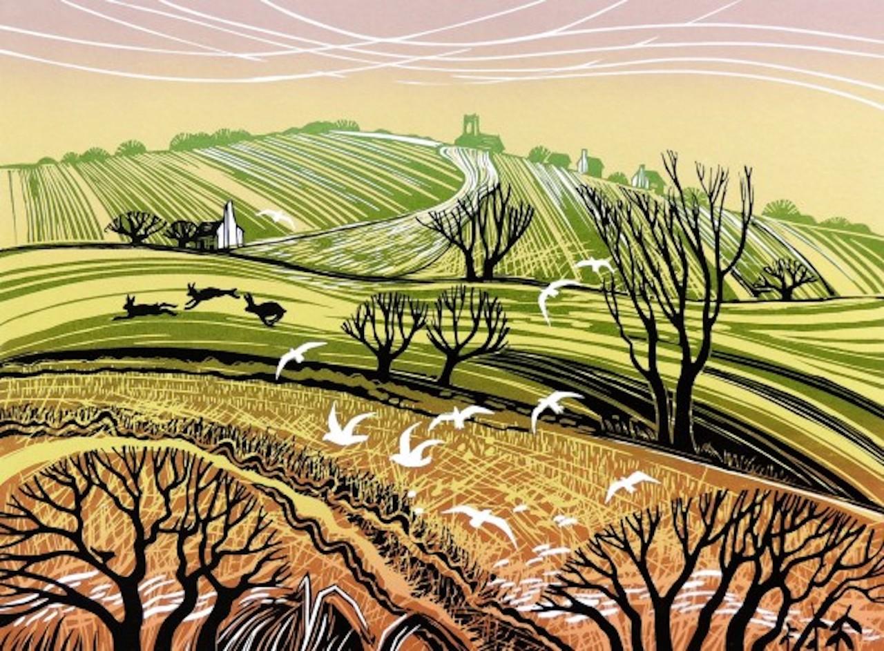 Rob Barnes Animal Print – Hill Flight, limitierte Auflage, Linolschnitt, Landschaftsdruck, ländliche Hügel, Vögel, Wärme