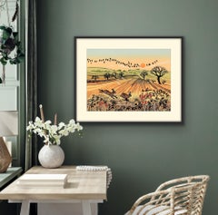 Salto del campo, Stampa linoleografica, Lepri, Nature rurali, Arte di campagna