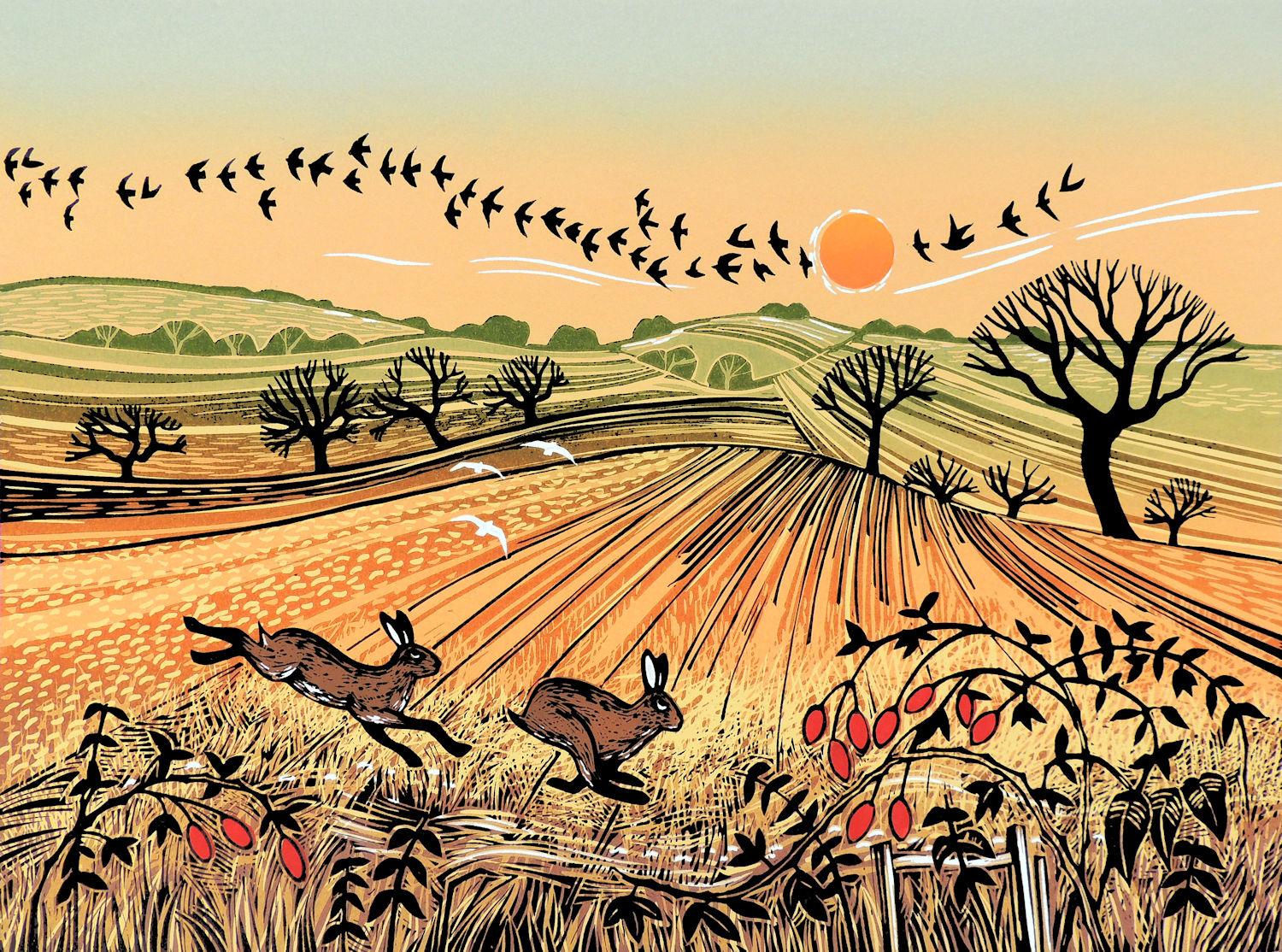 Rob Barnes Landscape Print - Leaping the Field, Linocut Print, Hares, Rural nature, countryside art