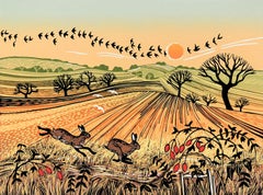 Leaping the Field, Linocut Print, Hares, Rural nature, countryside art