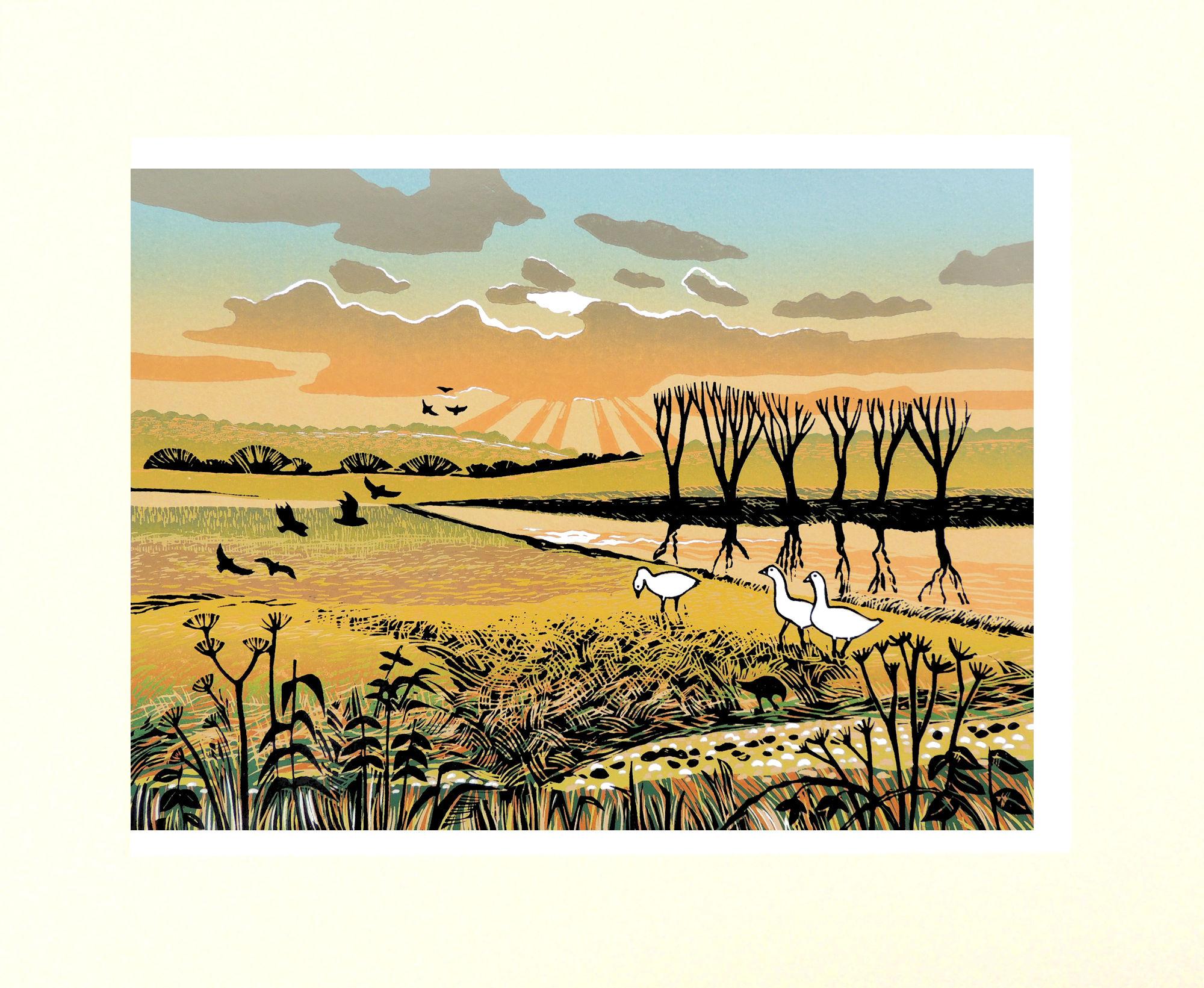 Rob Barnes, Geese by the River, handgefertigte Drucke zum Verkauf, Landschaftstierkunst im Angebot 1