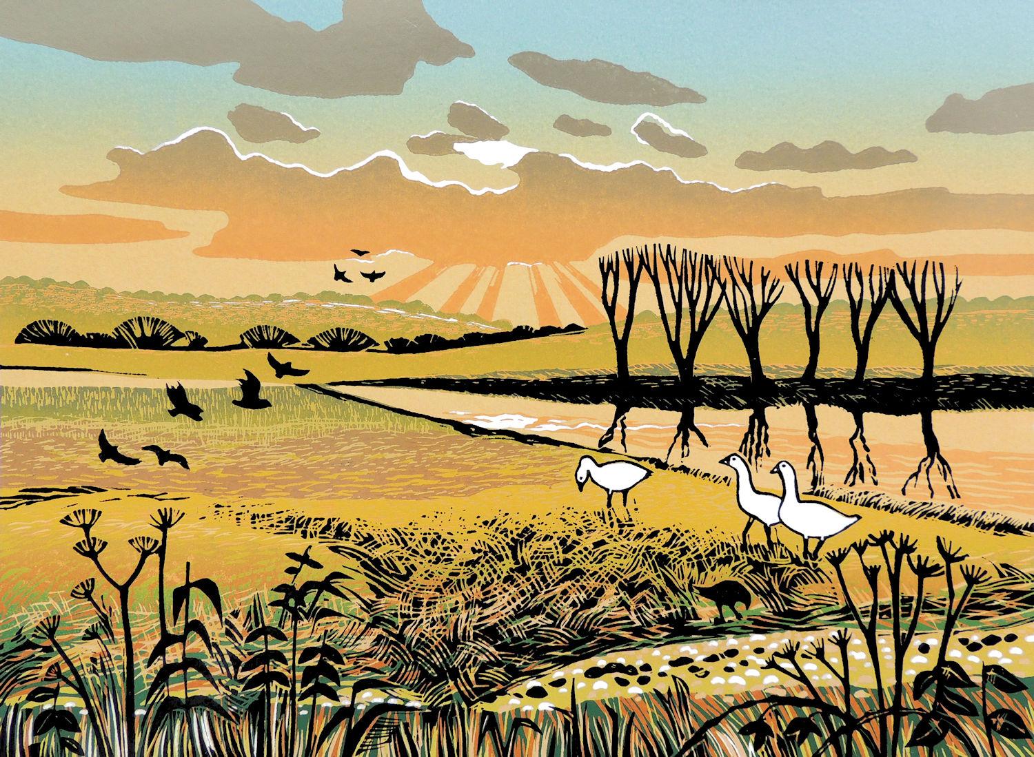 Rob Barnes, Geese by the River, handgefertigte Drucke zum Verkauf, Landschaftstierkunst