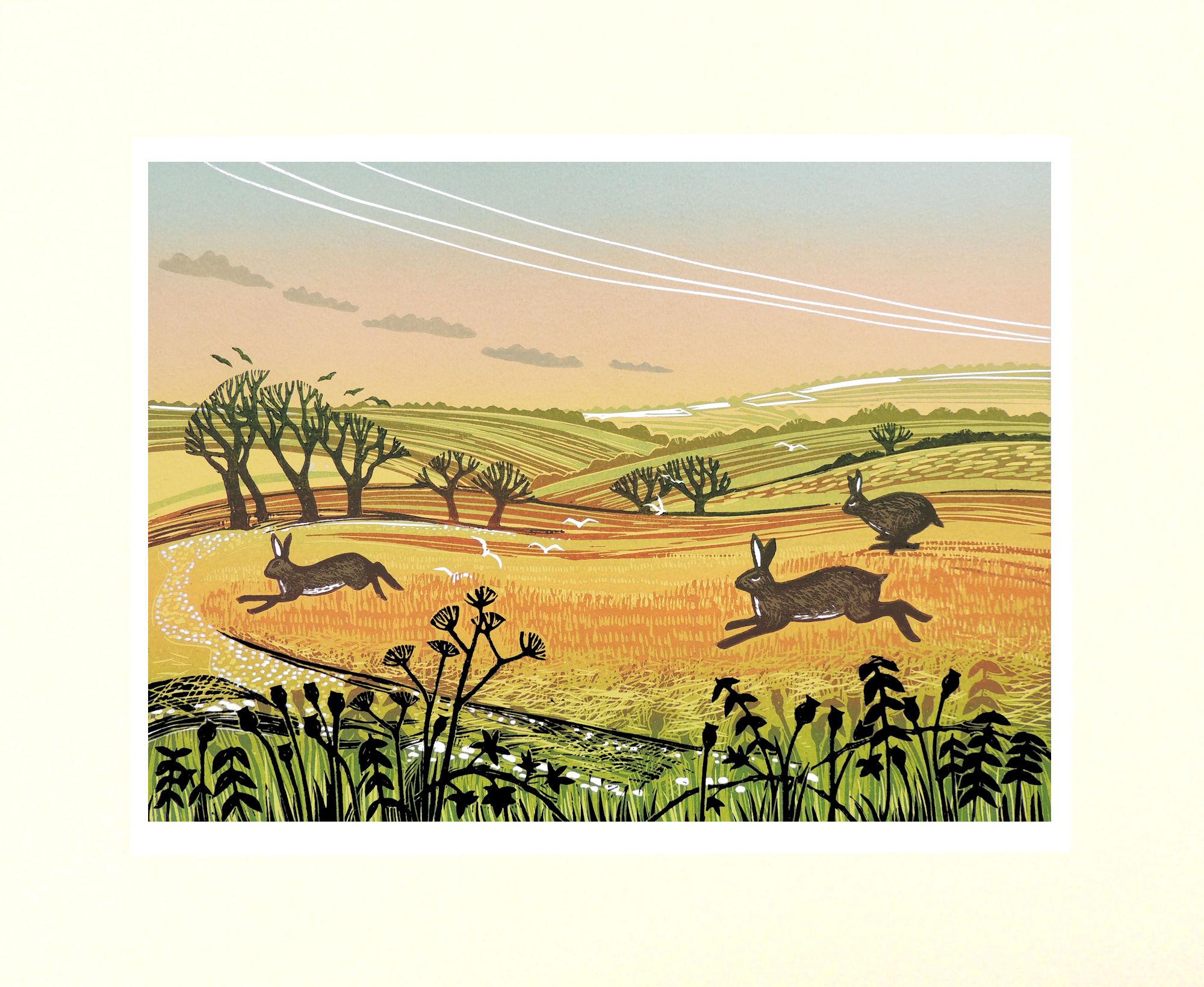 Running Hares, Limited edition print, Landscape, Nature, Bunny, Rabbit For Sale 2